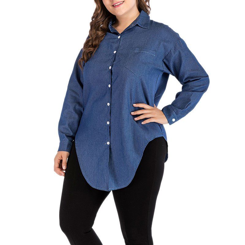 

Denim Lapel Single Breast Blouse, Denim dark blue