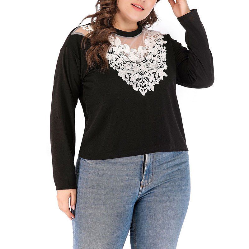

Lace Splicing Hollow Out Round Collar T Shirt, Black