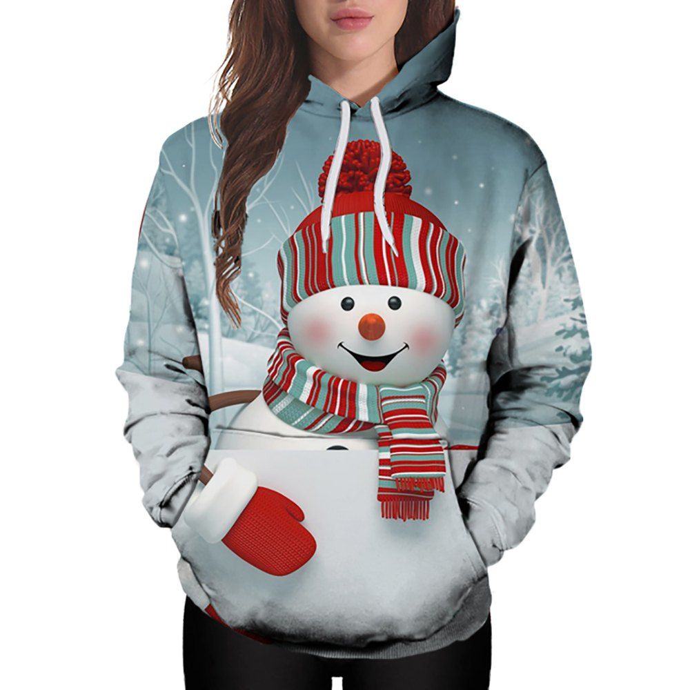 

3D Winter Sports Christmas Cute Snow Doll Print Ladies Hoodie, Multi-a