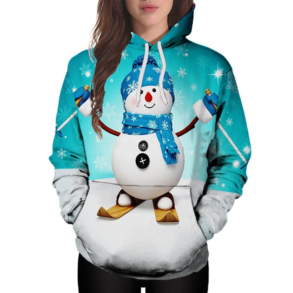 

3D Winter Sports Christmas Cute Snow Doll Print Ladies Hoodie, Multi-b
