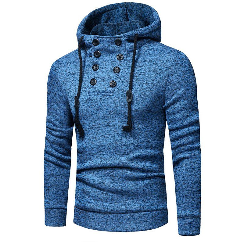 

Men's Fashion Double Row Buckle Hat Rope Knitted Hooded Sweater, Blue