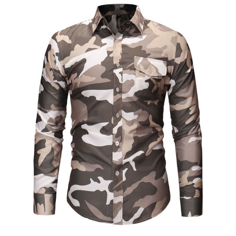 

Men's Fashion Camouflage Long Sleeved Lapel Casual Shirts, Light khaki