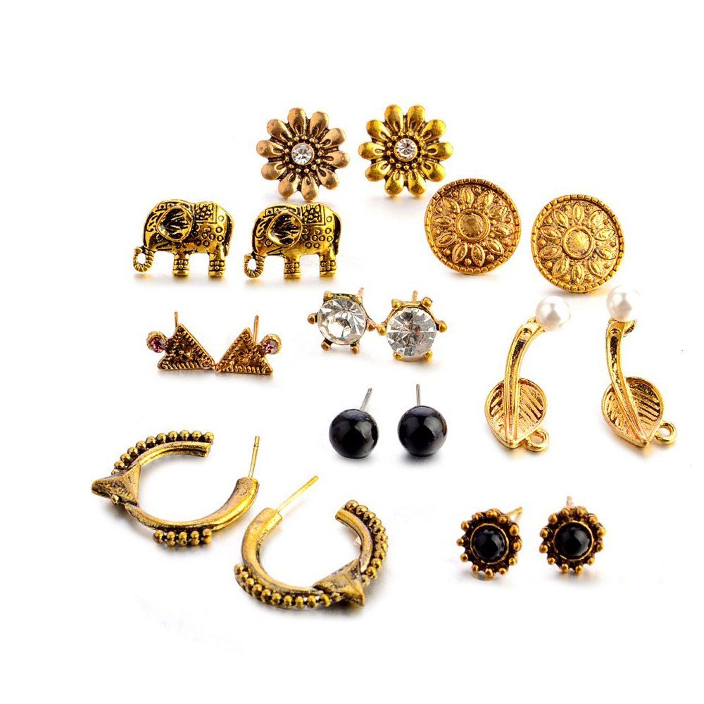 

9 Pairs Women's Earrings Set Elephant Flower Shape Retro Fashion Earrings, Goldenrod