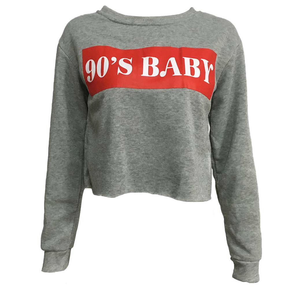 

Letter Printed Round Neck Long Sleeved Sweater, Gray