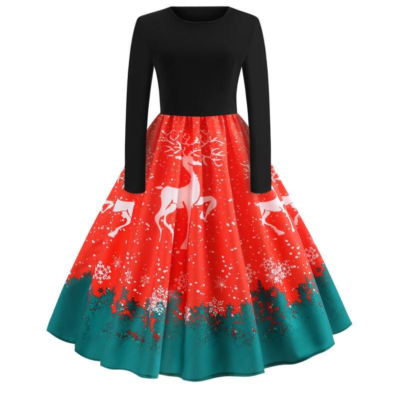 

Splicing Long-Sleeved Christmas Waist Dress, Red