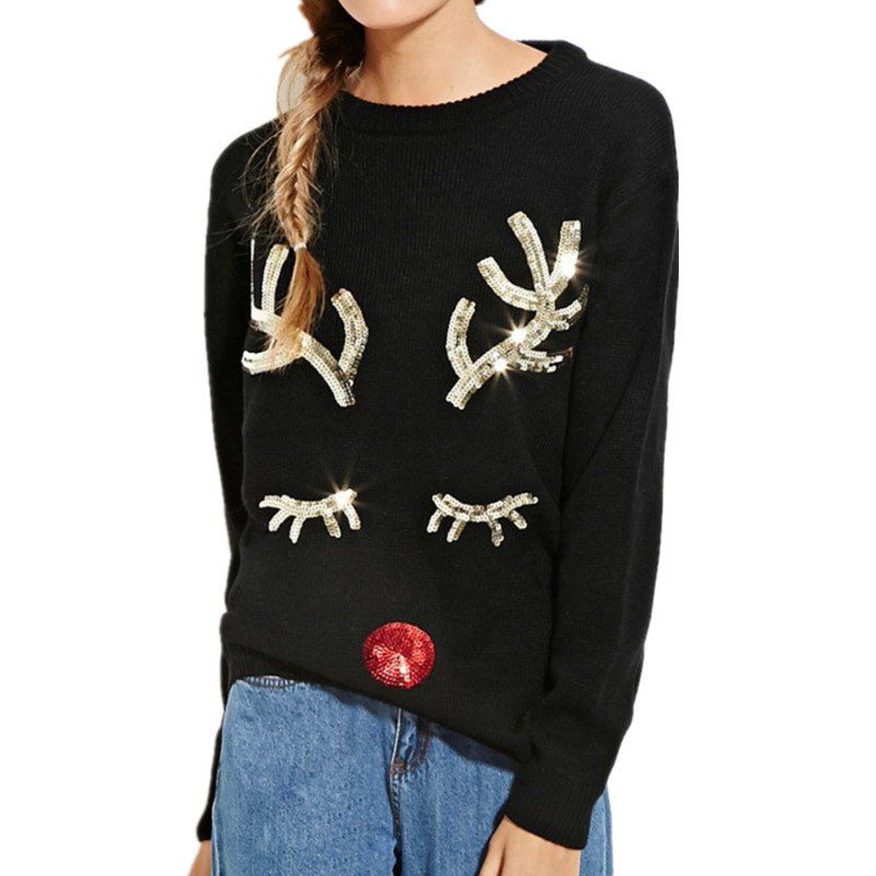 

European and American Christmas Sweater Festival Theme Long-Sleeved Sweater, Black