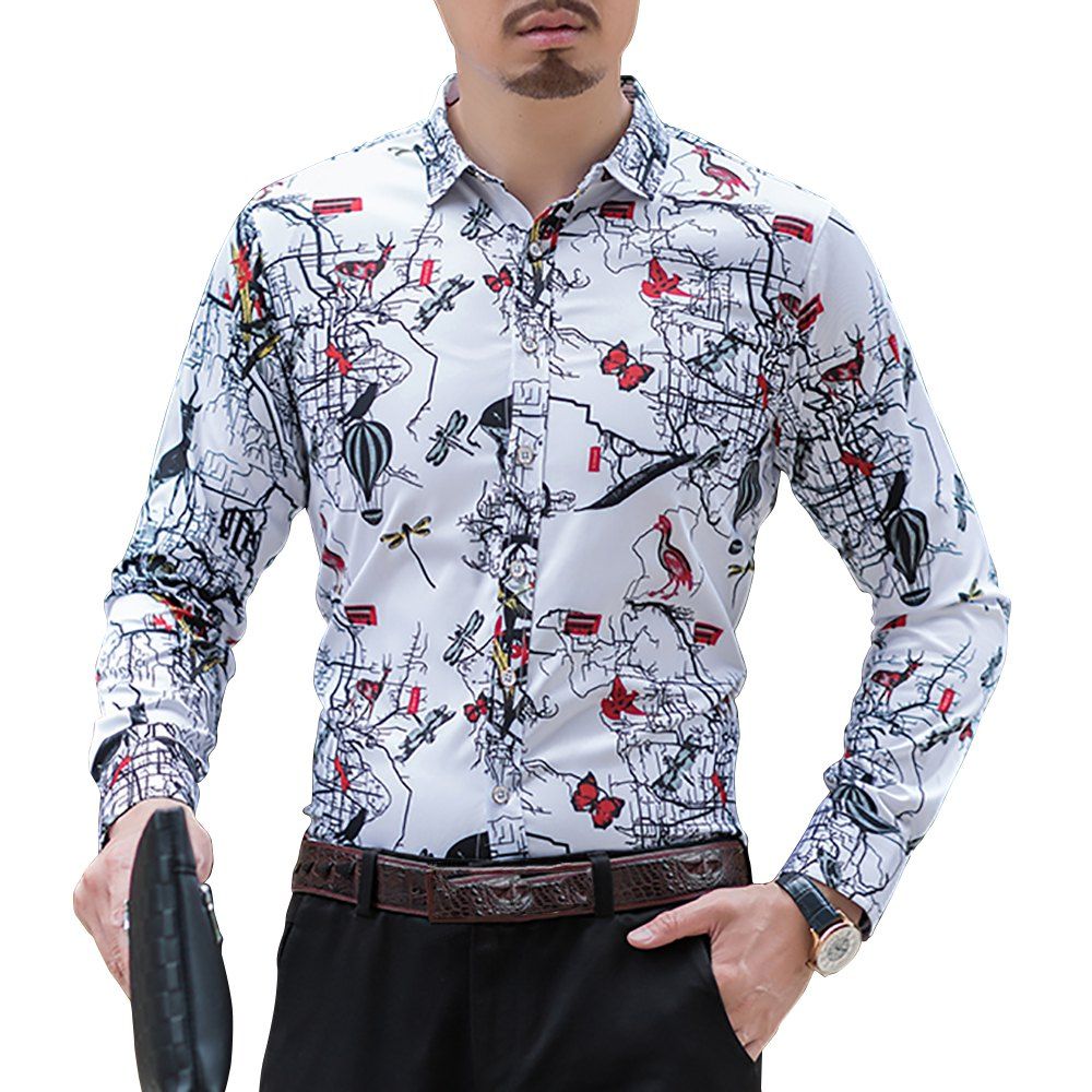 

Men's Lapel Casual Fashion Print Long Sleeve Shirt, White