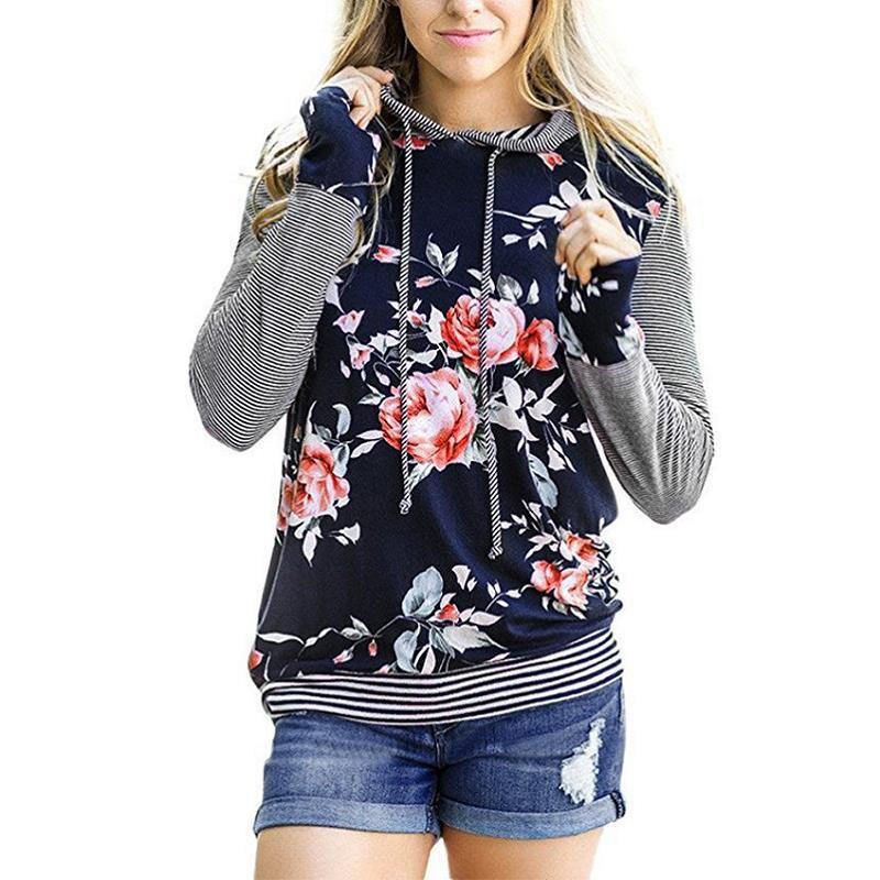 Stripe Hoodie Long Sleeve Fleece, Cadetblue