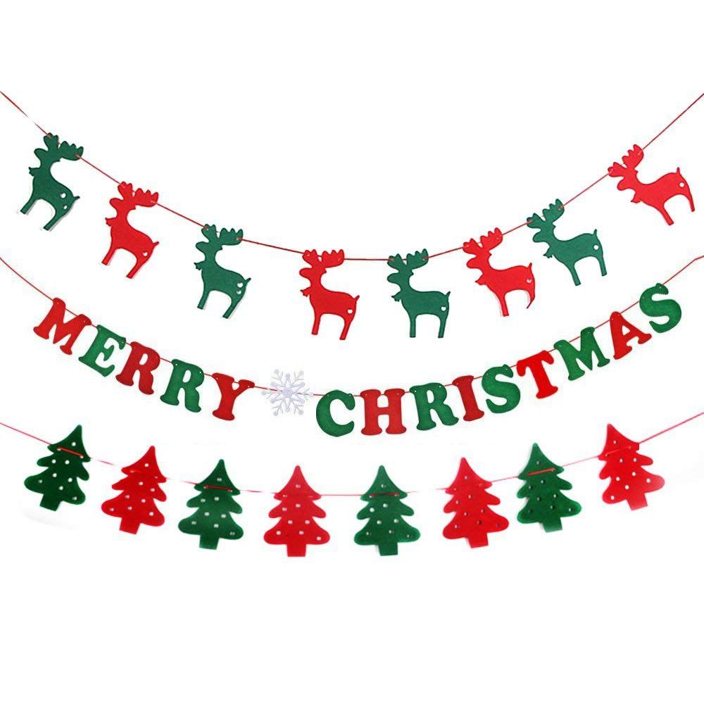 

3 Pieces Merry Christmas Fabric Hanging Bunting Banner Flag Sign Christmas Party, Multi