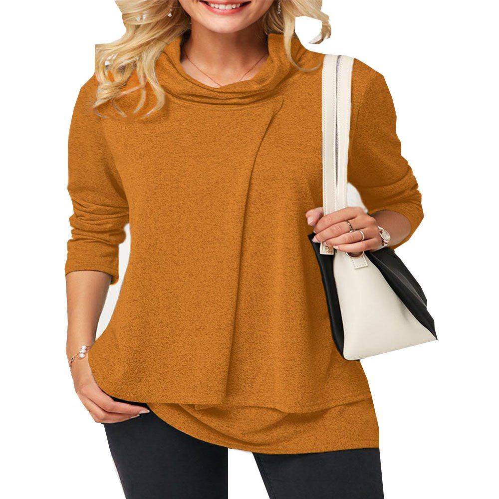 

New Women'S Long-SleevedHigh-Necked Tops, Orange gold