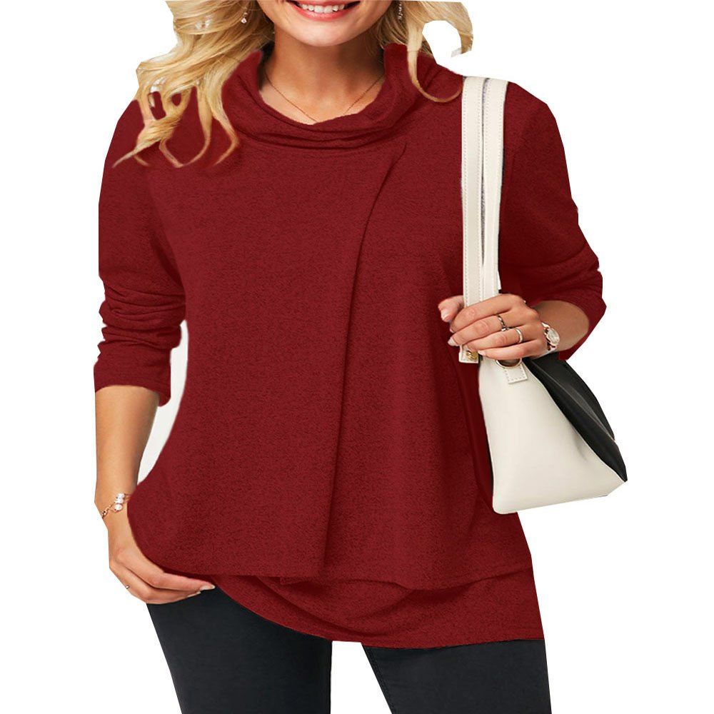 

New Women'S Long-SleevedHigh-Necked Tops, Red wine
