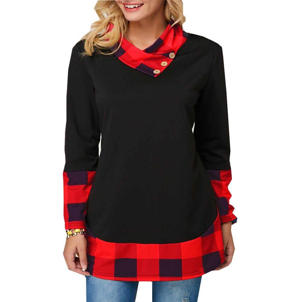 

Women'S Plaid Patterned Tops Irregular Long-Sleeved T-Shirts, Red