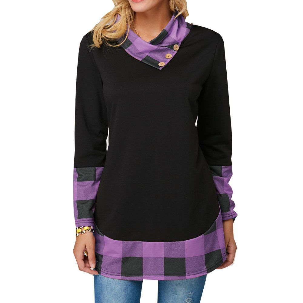 

Women'S Plaid Patterned Tops Irregular Long-Sleeved T-Shirts, Purple