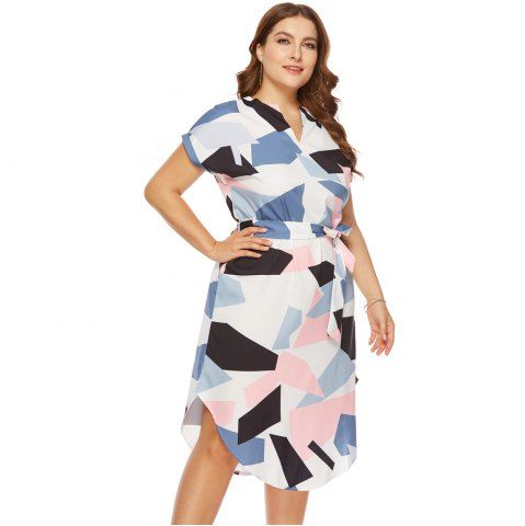 

Fashion Casual V-Neck Short-Sleeved Geometric Color Block Printed Loose Dress, White