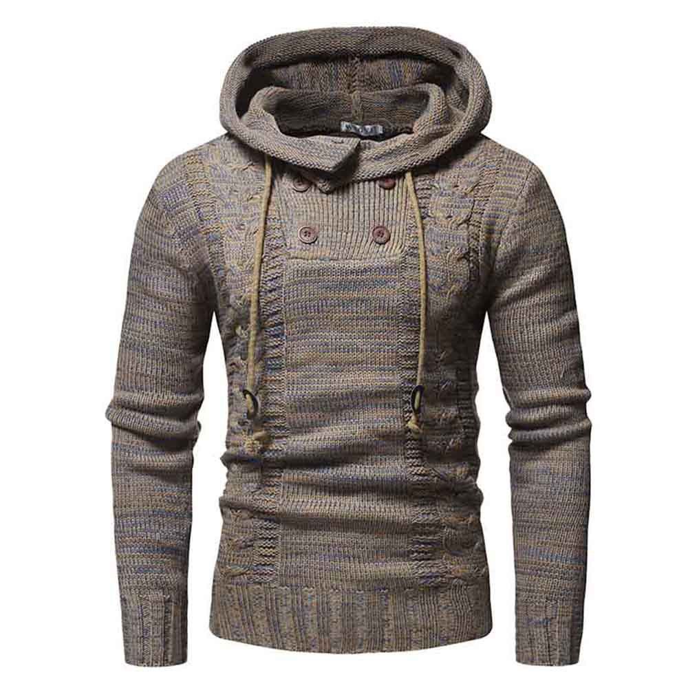 

2018 New Men'S Fashion Colorblock Twist Double-Breasted Hooded Slim Knit Sweater, Camel brown