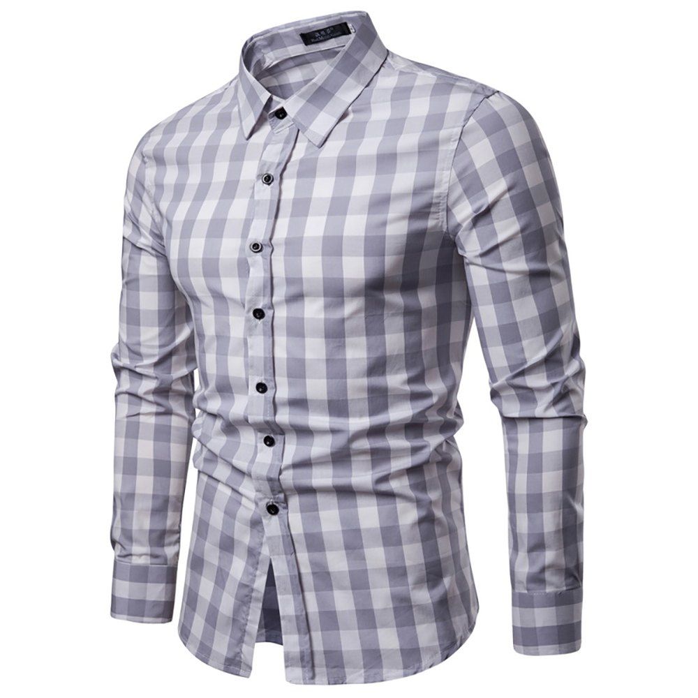 

Men's Slim Casual Long Sleeve Plaid Lapel Shirt, Gray