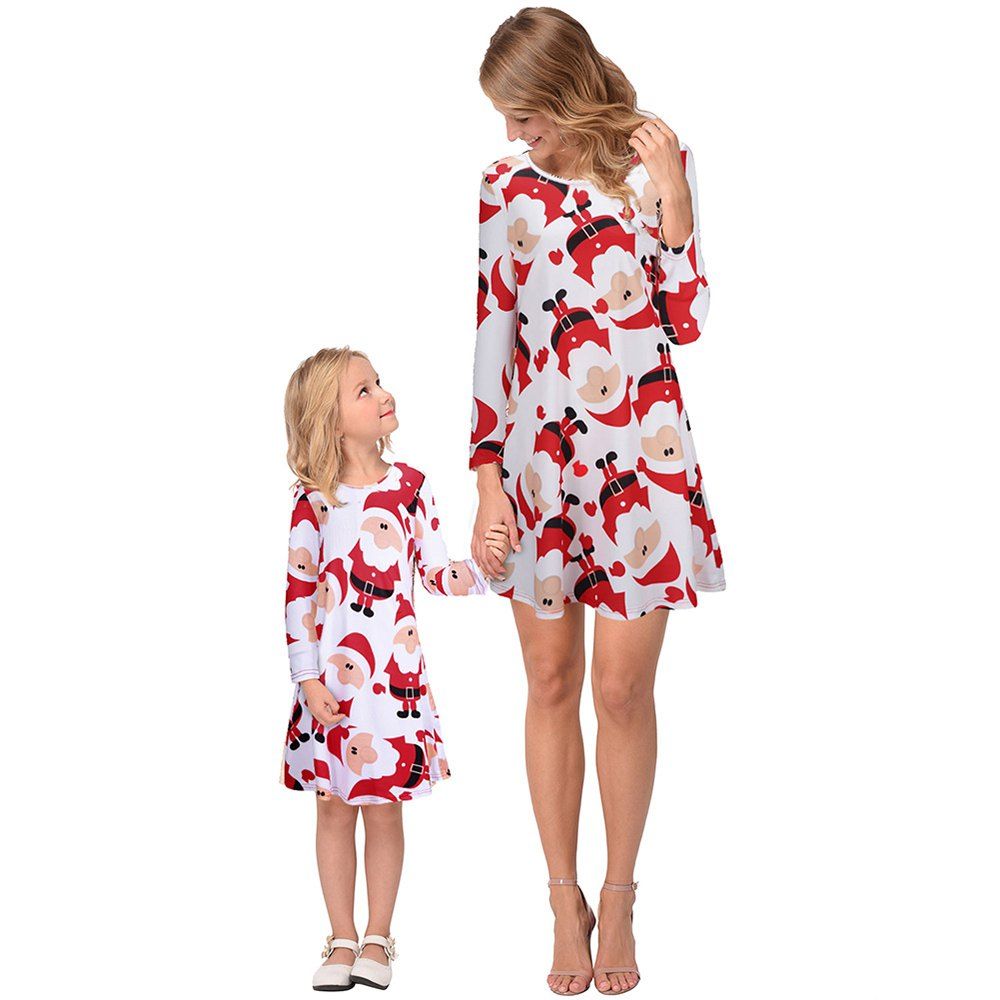

Christmas Cartoon Old Man Print Cartoon Parent-Child Suit Dress, Red