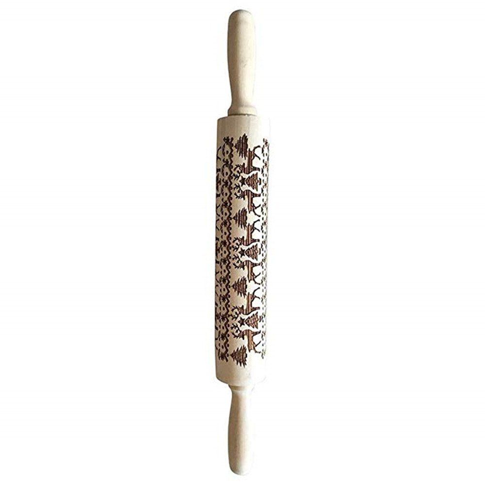 

CTlite Wood Embossed Rolling Pin Christmas Tree Elk Pattern Engraved Rolling Pin, Tan