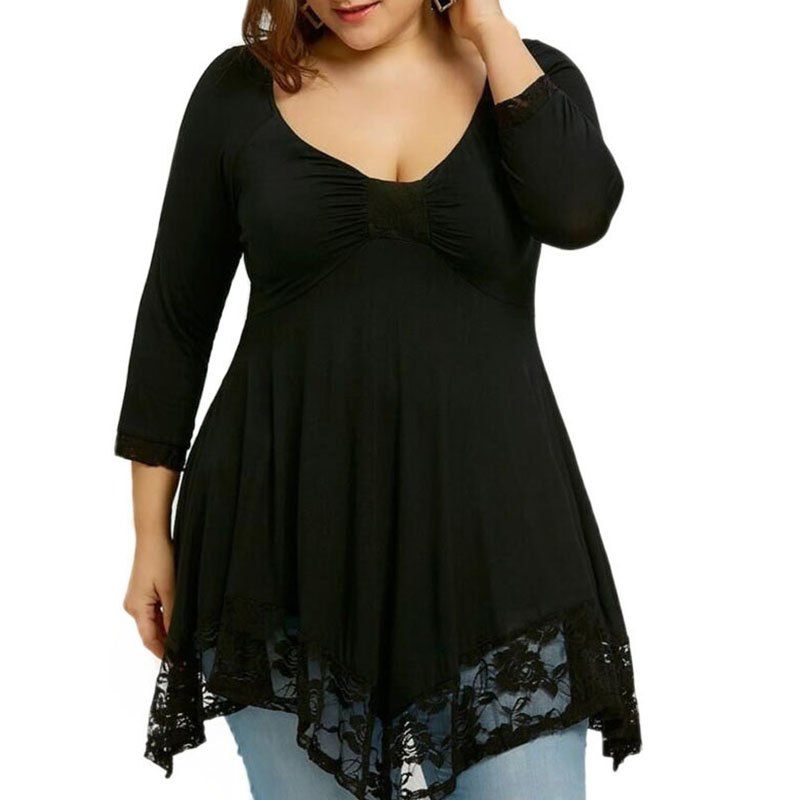 

3/4 Length Sleeve Lace Splicing Long Sleeve T Shirt, Black