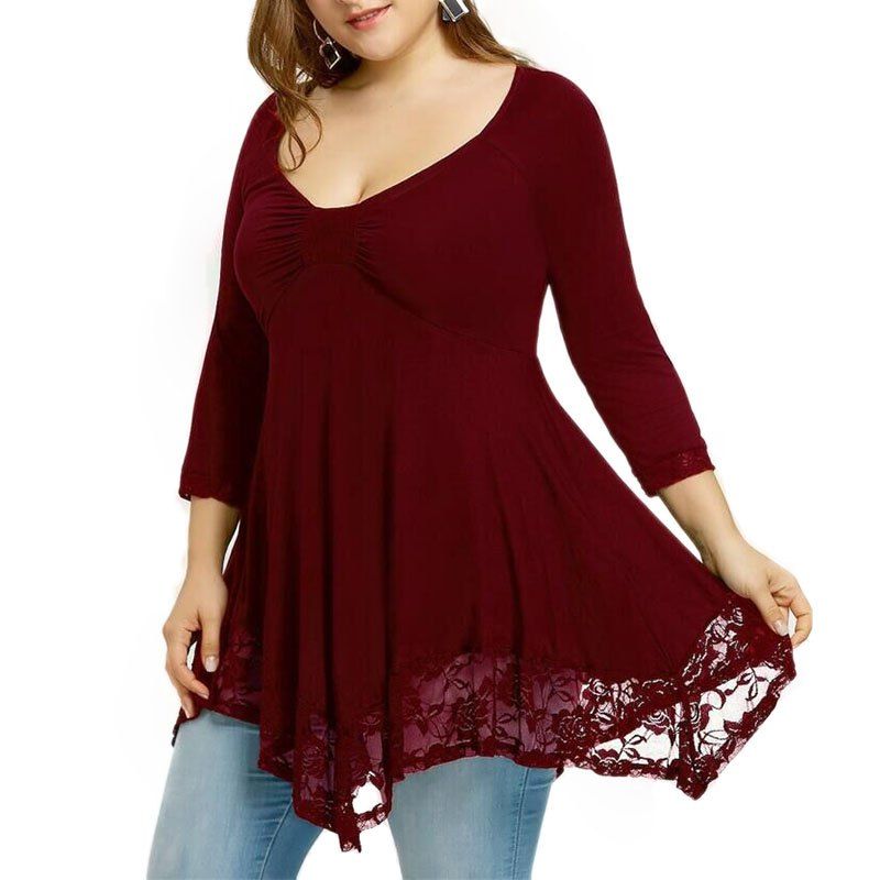 

3/4 Length Sleeve Lace Splicing Long Sleeve T Shirt, Red wine