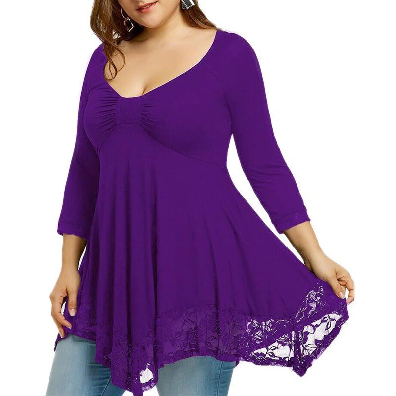 

3/4 Length Sleeve Lace Splicing Long Sleeve T Shirt, Purple