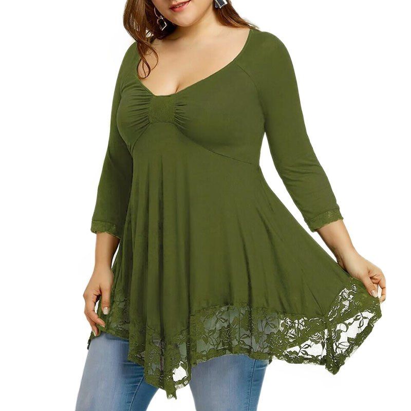 

3/4 Length Sleeve Lace Splicing Long Sleeve T Shirt, Army green