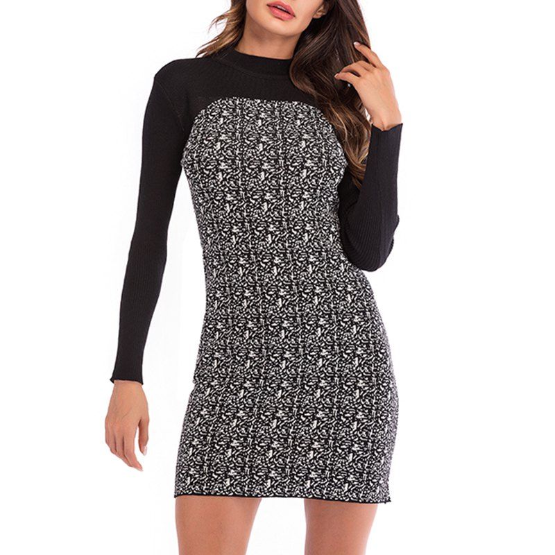 

Autumn Round Neck Splicing Long Sleeved Waist Waist Dress, Black