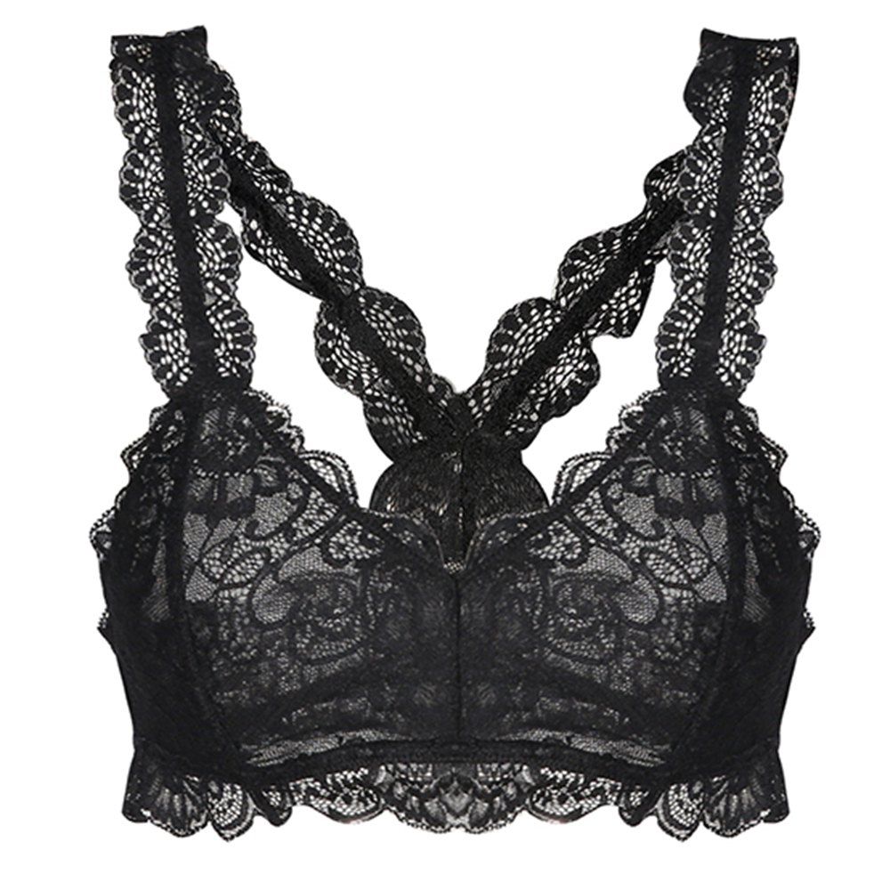 

MISSOMO Ultra-Thin Gathered No Steel Ring I-Shaped Shoulder Strap Lace Bra, Jet black