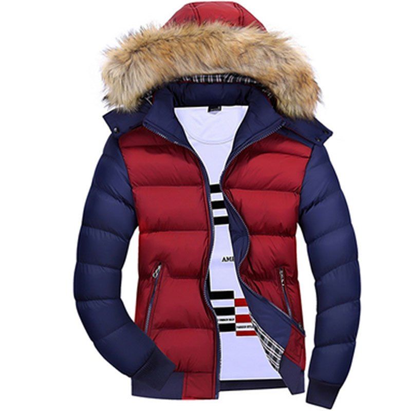 

Men'S Casual Fur Collar Hooded Coat Multi-Color Running Cotton Coat, Red wine