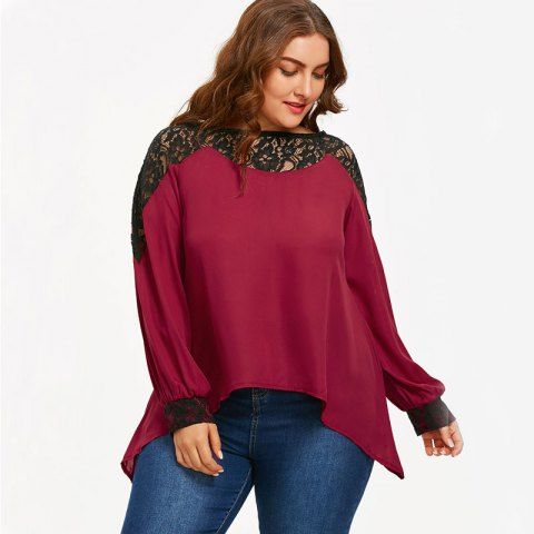 

Lace Splicing Long Sleeve Chiffon Blouse, Red wine