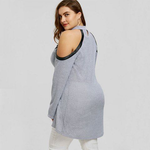 

PU Splicing Long Sleeve Off Shoulder Sweater, Light gray