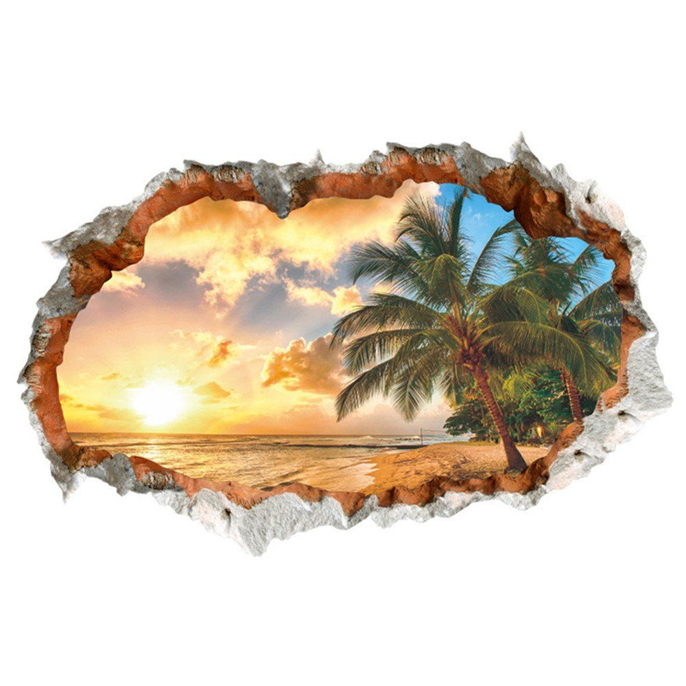 

3D Broken Wall Sunset Scenery Seascape Island Coconut Trees Household Adornment, Multi-a