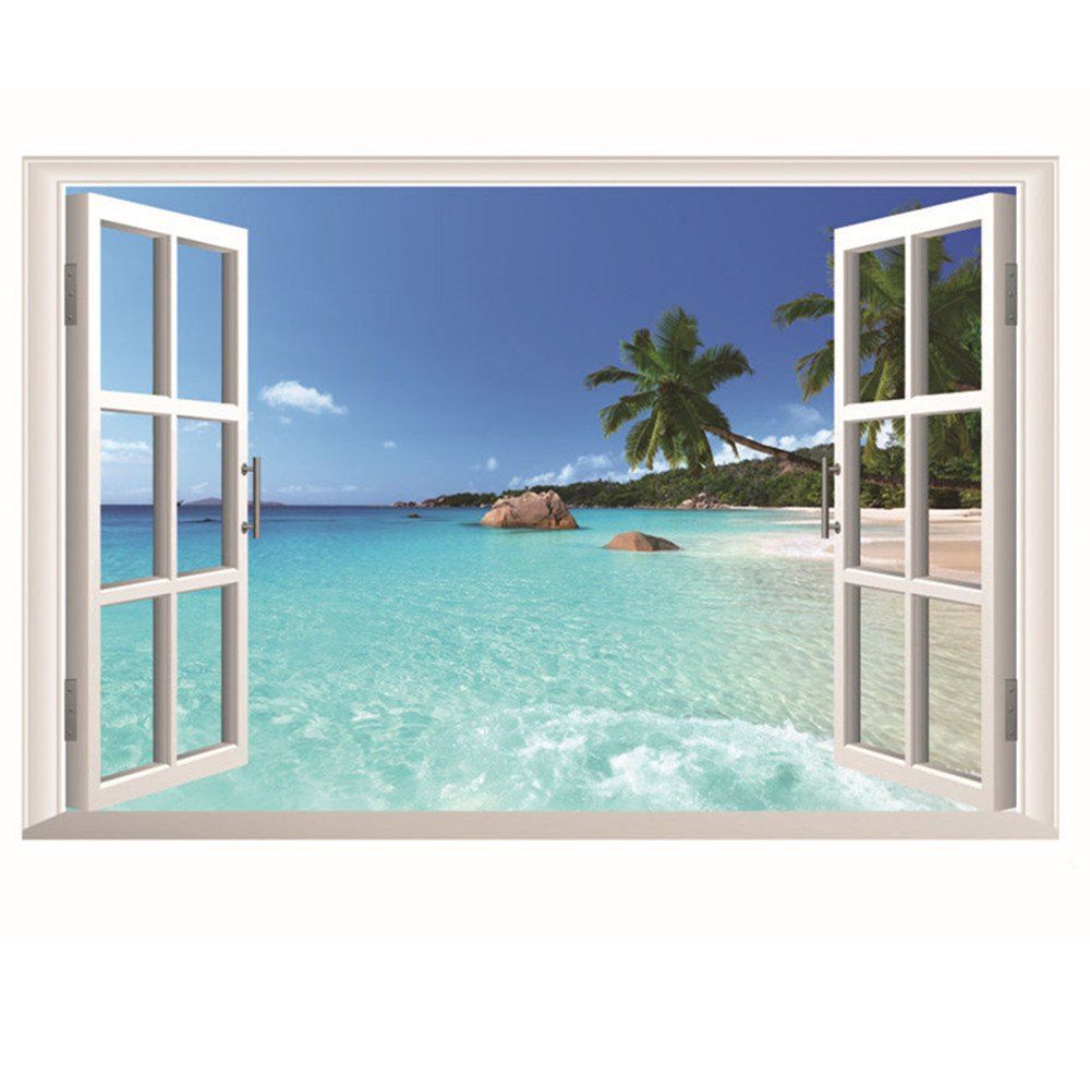 

PVC Huge Hawaii Sea View Removable Beach Sea 3D Window Scenery Wall Sticker, Multi-a