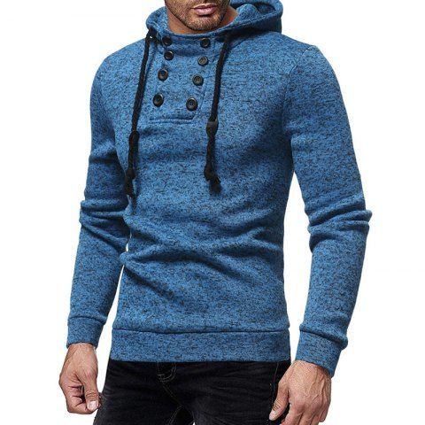 

Men's Fashion Double Row Buckle Hat Rope Long Sleeved Knitted Hooded Sweater., Blue