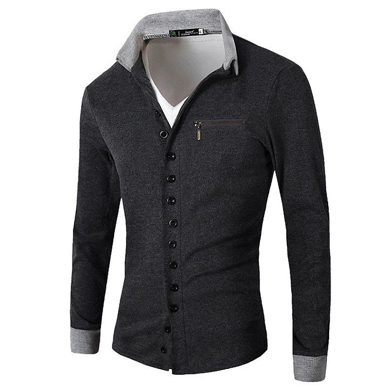 

Men'S Single Breasted Long Sleeve Polo Shirt All Match Casual Turn Down Collar, Dark gray