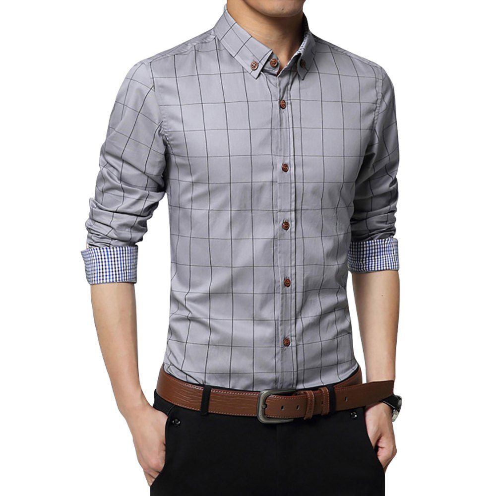 

Men's Lapel Solid Color Large Plaid Long Sleeve Shirt, Light gray
