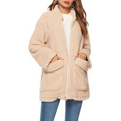 Women Solid Color Thickened Pocket Woolen Stand Collar Plus Size Loose Coat -  