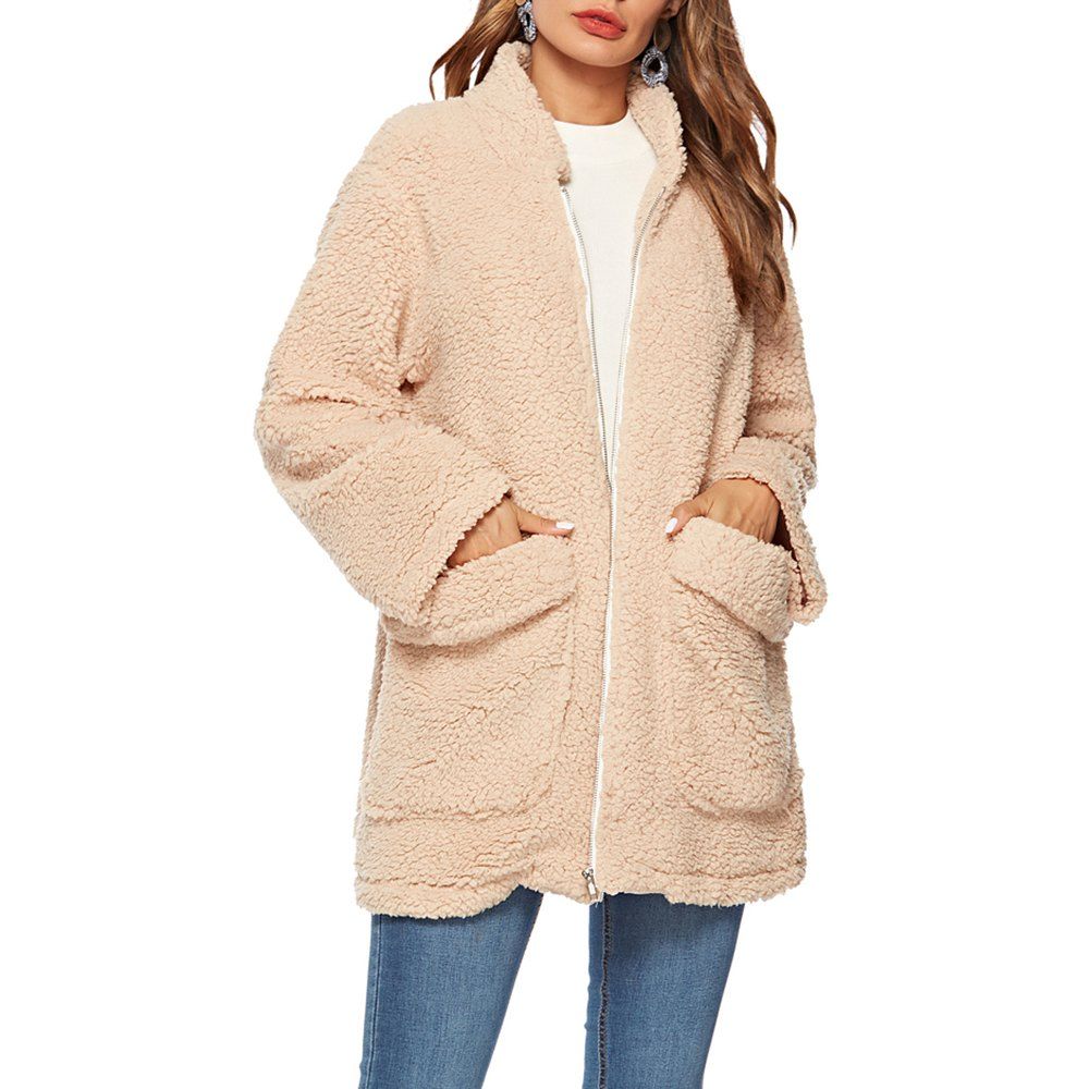 Best Women Solid Color Thickened Pocket Woolen Stand Collar Plus Size Loose Coat  