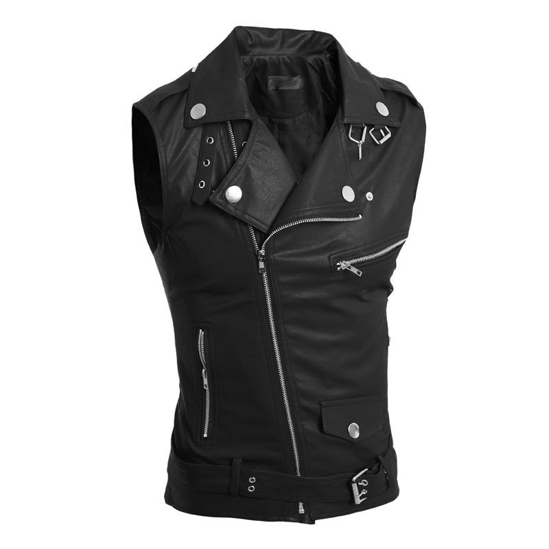 

Men's Slim Large Lapel Personality Multiple Zipper Short Leather Vest, Black