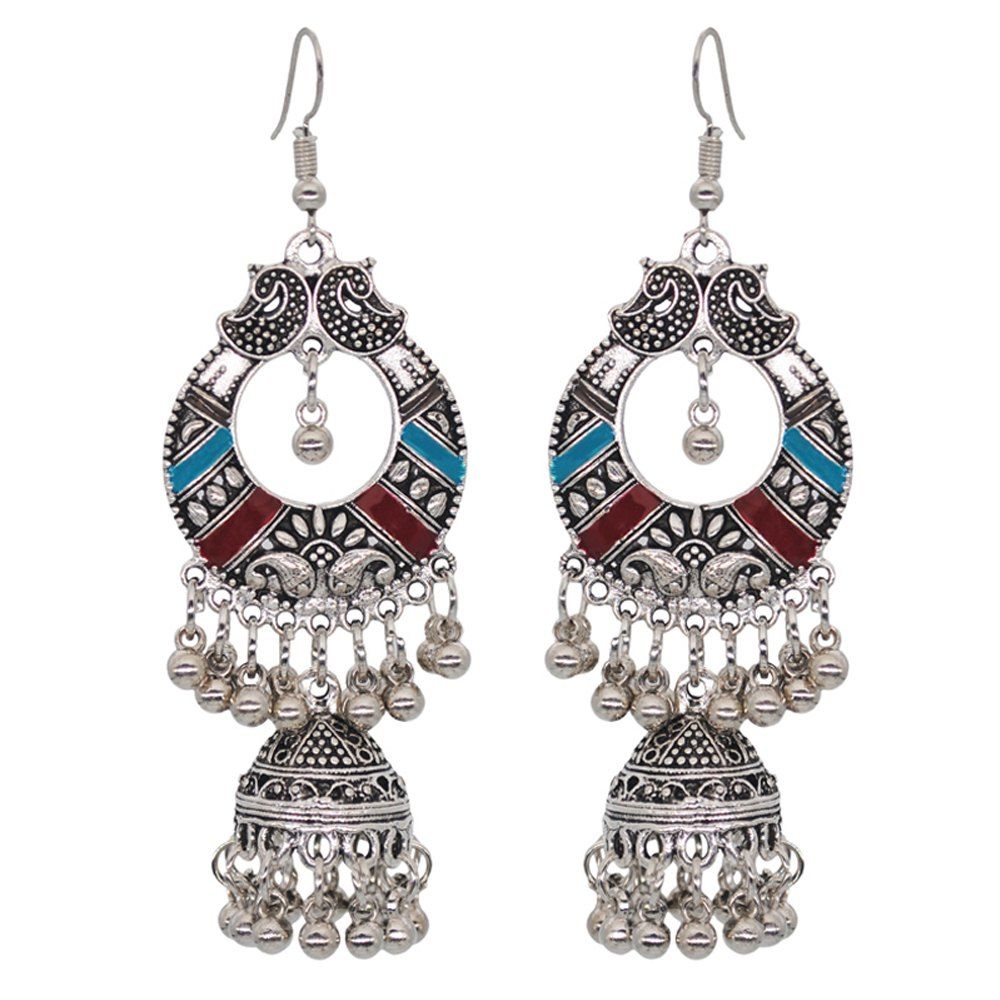 

Bohemian Metal Carved Vintage Palace Hollow Bell Earrings, Red