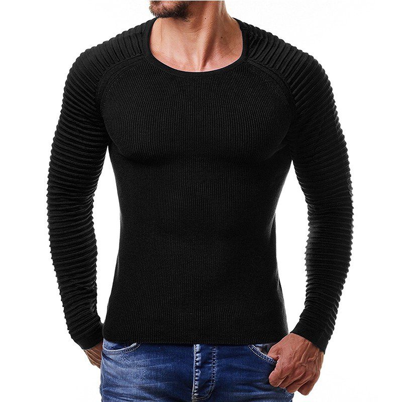 

Men's Pleated Sleeve Round Neck Sweater Sweater, Black