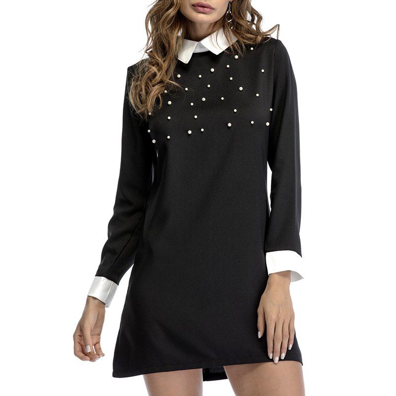 

Nail Bead Autumn Lapel Cultivate One'S Morality Show Thin Long-Sleeved Dress, Black