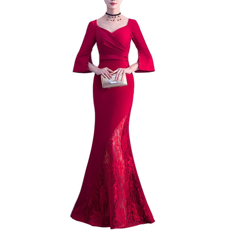 

Ladies' Long Lace Dress Solid Color Sexy Party Cocktail Party for Ladies, Red