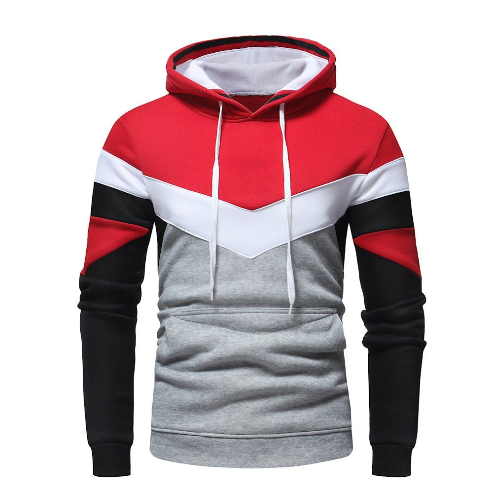 

2018 Men'S Fashion Contrast Color Stitching Long-Sleeved Hooded Padded Sweater, Red