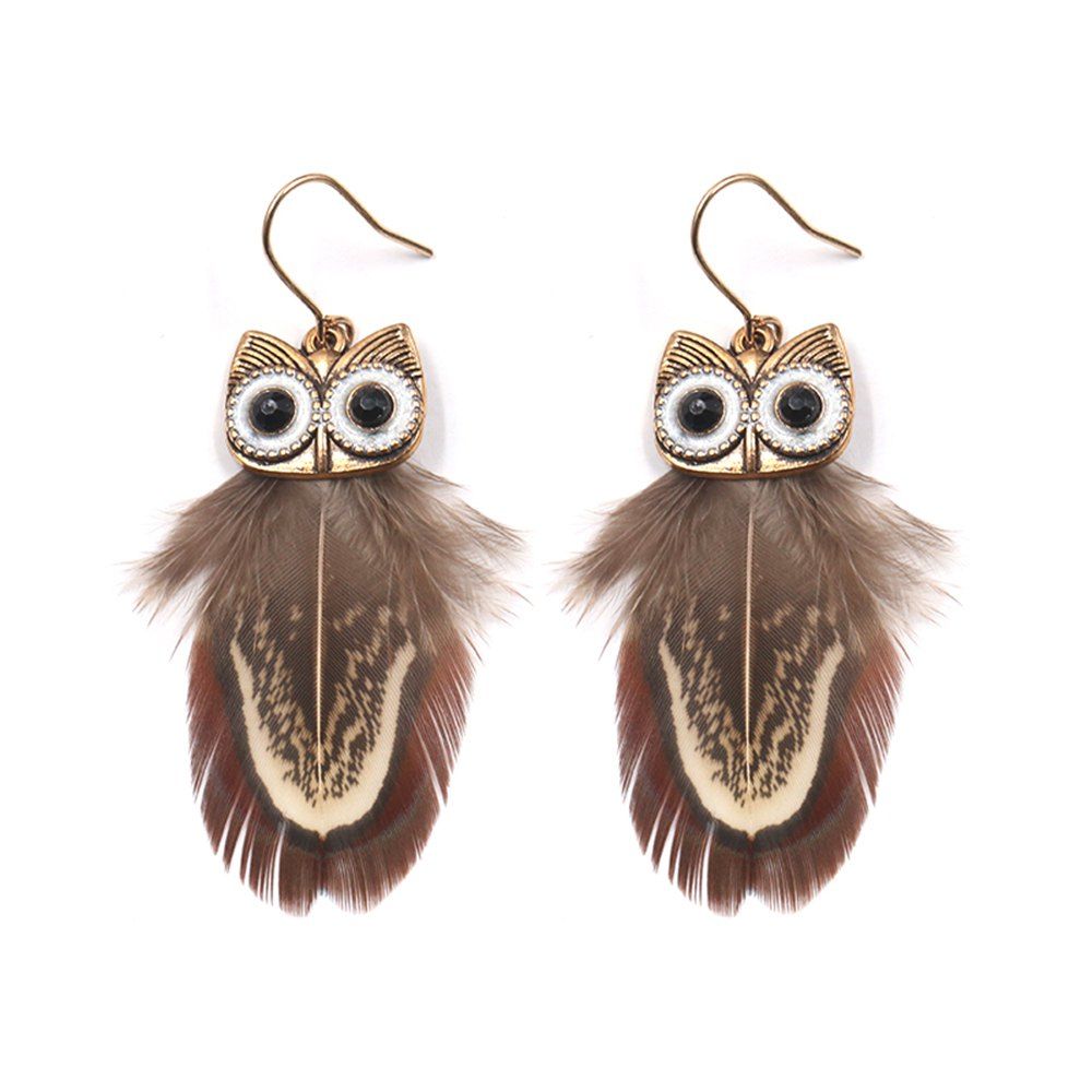 Sterling Silver Plated Vintage Hollow Owl Charm With Black Feather Long Tassel Dangle Earrings 