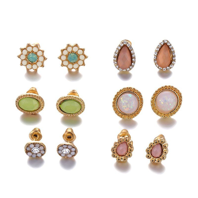 

Women's earrings bohemian diamond colored stones six-piece suit, Gold