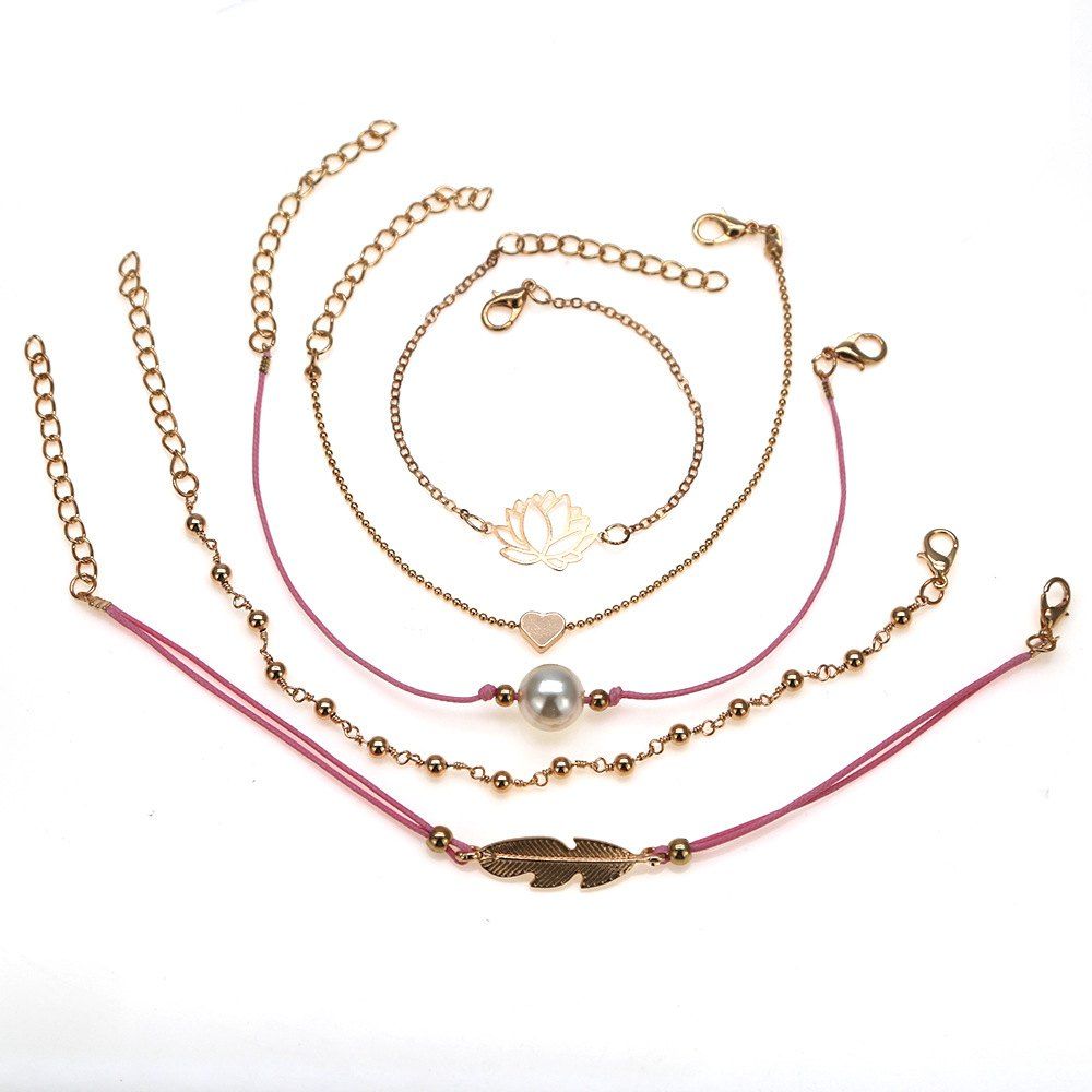 

Multi Element Love Pearl Leaves Hollowed Pattern Women Bracelet Suit, Gold