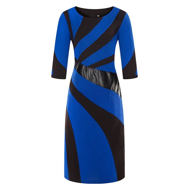 

PU Splicing 3/4 Length Sleeve Knitted Dress, Blueberry blue