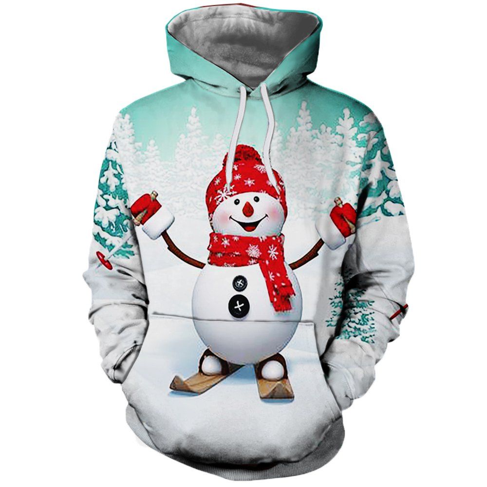 

Fashion Men 3D Christmas Happy Snowman Print Sticker Hooded Hoodie Sweater, Multi