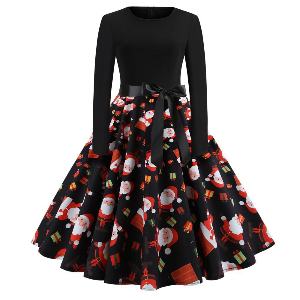 

Christmas Print Stitching Long Sleeves and Large Dresses, Multi-b